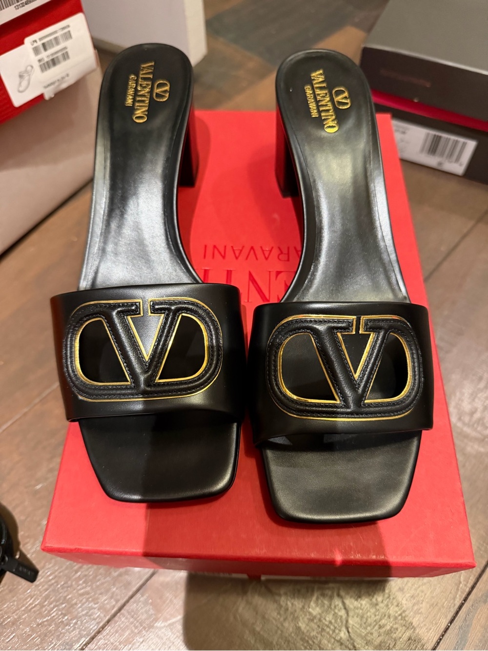Valentino Garavani Black Leather Logo Mule Sandals with Gold Trim BRAND NEW